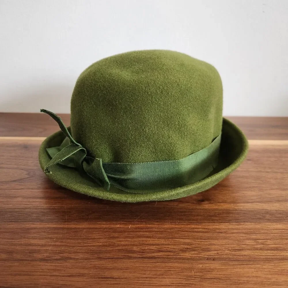 Glenover Henry Pollak 100% Wool Vintage Green Felt Hat Ribbon Womens Cloche